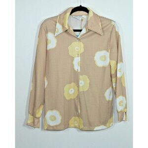 Vintage Devonette Shirt Size Large Ivory Yellow Polka Dots Long Sleeve 70s Disco